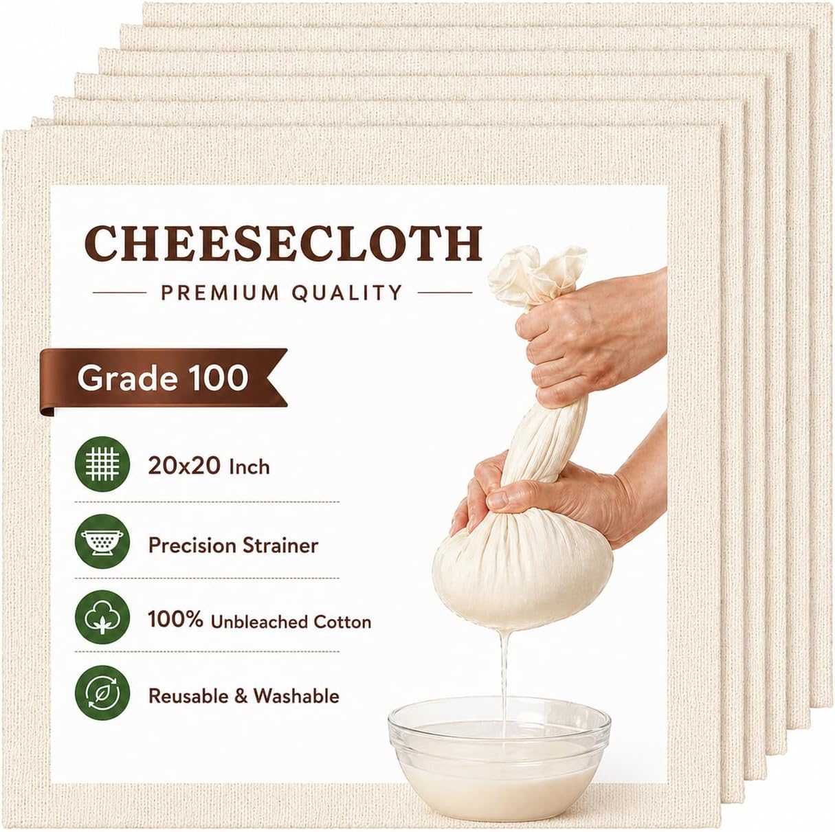 Premium Cheesecloth (6 Pcs) – 100% Unbleached Cotton, Grade 100 Fine Mesh Strainer Cloth 20x20 Inch – Reusable Muslin Cloth for Paneer, Cheese (Pack of 12)