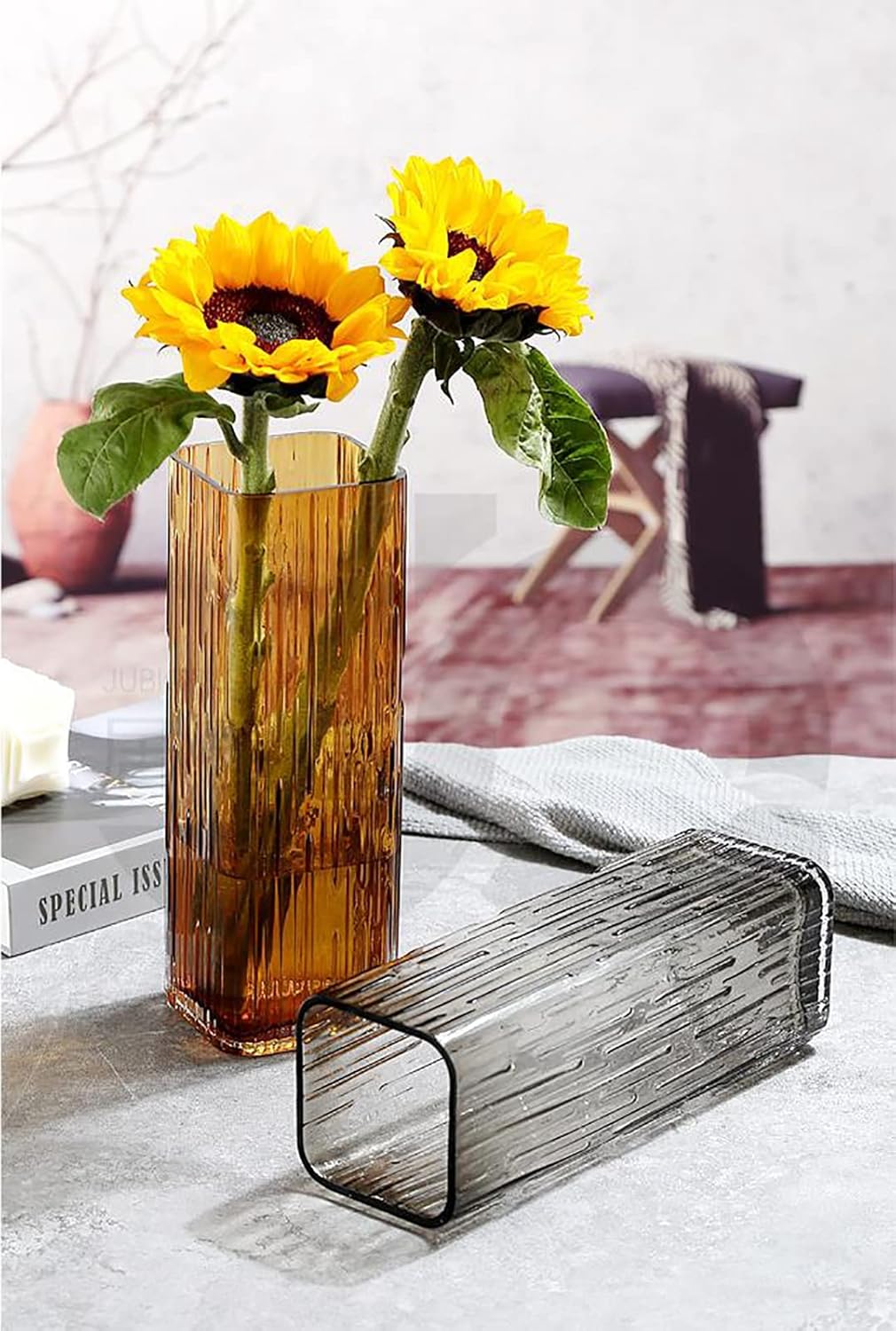 Modern Minimalist Glass Square vase, Crystal Glass vase, vase, Dry vase (Amber) - Image 6