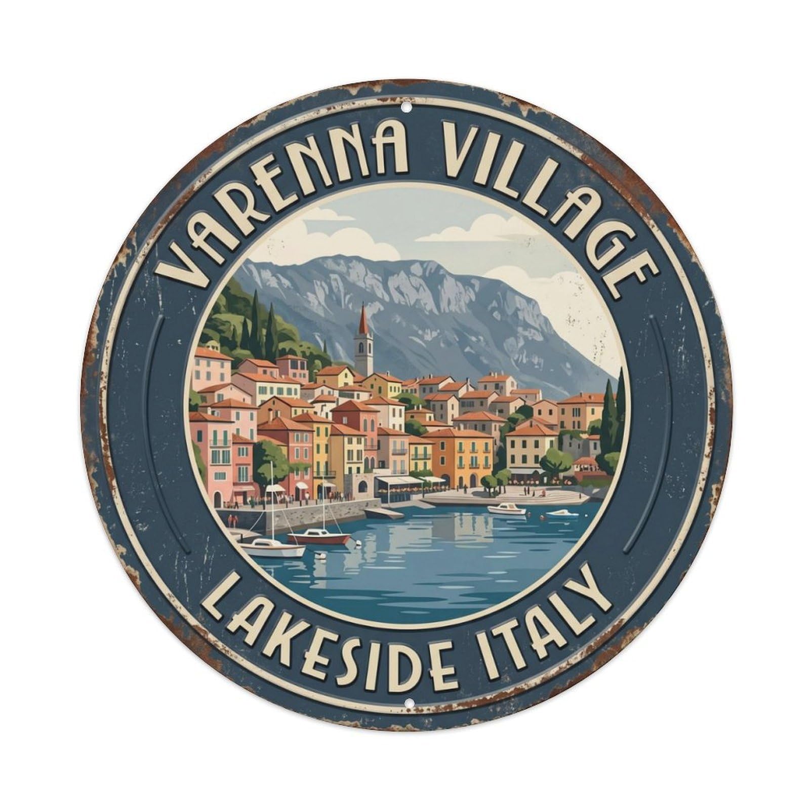 Varenna Village Lakeside Italy Como Metal Tin Sign Plaque Wall Decor for Cafe, Club Bar, Office, Home Garden Round Metal Poster 8x8Inch