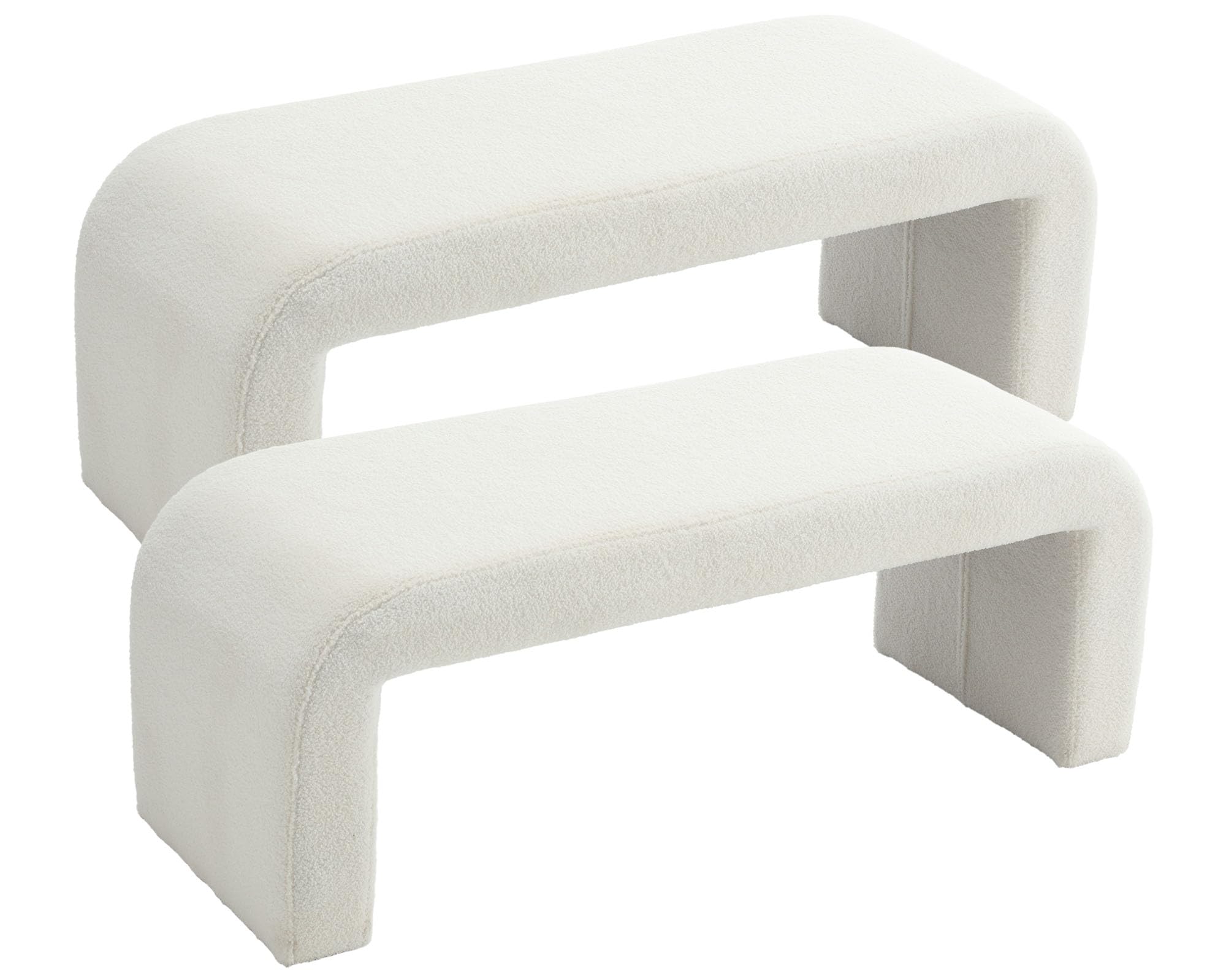 VESCASA 49.5" W Sherpa Benches for Hallway, Upholstered Boucle End of Bed Benches Ottomans for Entryway, Bedroom, White, Set of 2