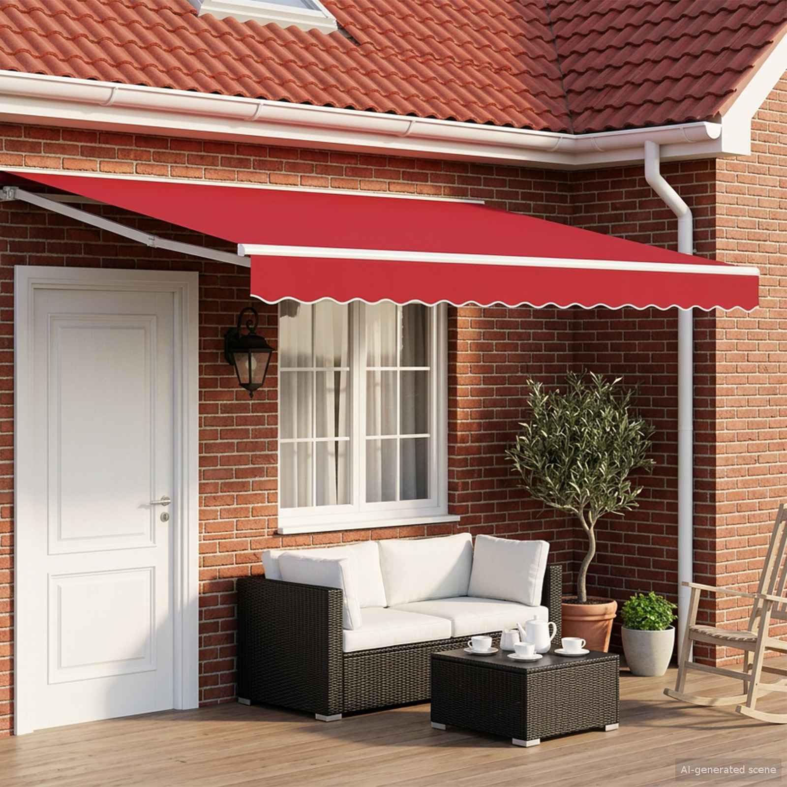 Favemtsl Elektrische Markise 4x3m Ausziehbar Gelenkarmmarkise mit Fernbedienung und Handkurbel Halbkassette für Terrasse Garten Balkon Alu-Rahmen Sonnenschutz Rot