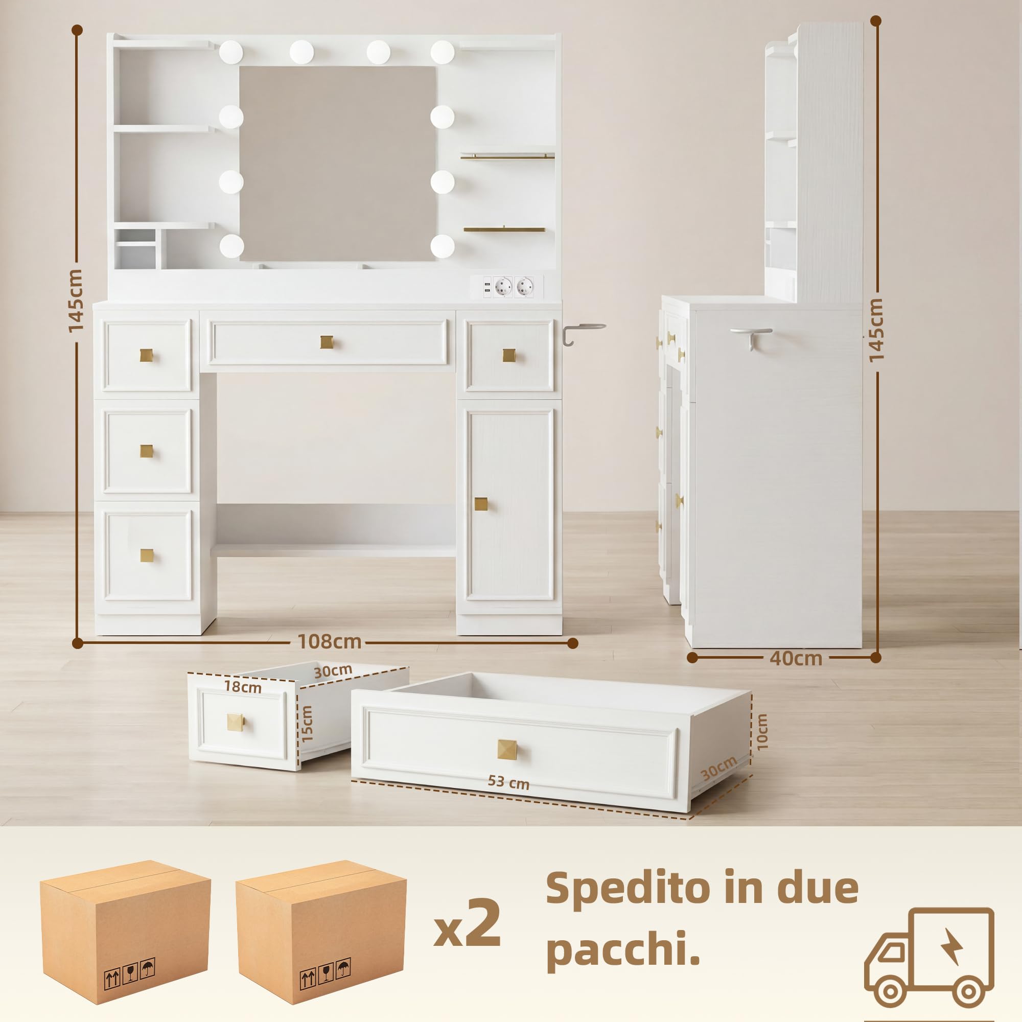 Toeletta Trucco con 10 Luci LED Regolabili e Ganci per Gioielli, Tavolo da Trucco con Specchio Grande, Prese e Porte USB, 6 Cassetti, 5 Scomparti e Porta Phon, Design Moderno, Bianco JBDT002WT
