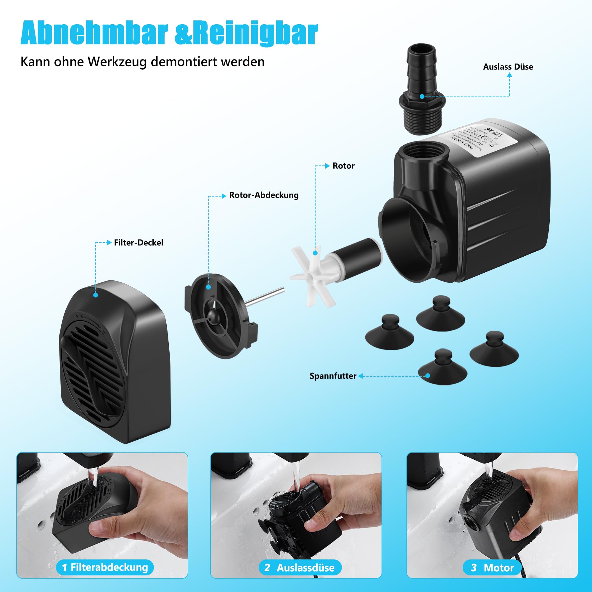 25W 2000L/H Aquarium Pumpe Wasserpumpe Tauchpumpe Förderpumpe Aquariumpumpe Fontänenpumpe für Aquarium Teich Garten und Hydroponiksystem Schwarz PX-025 (no light)