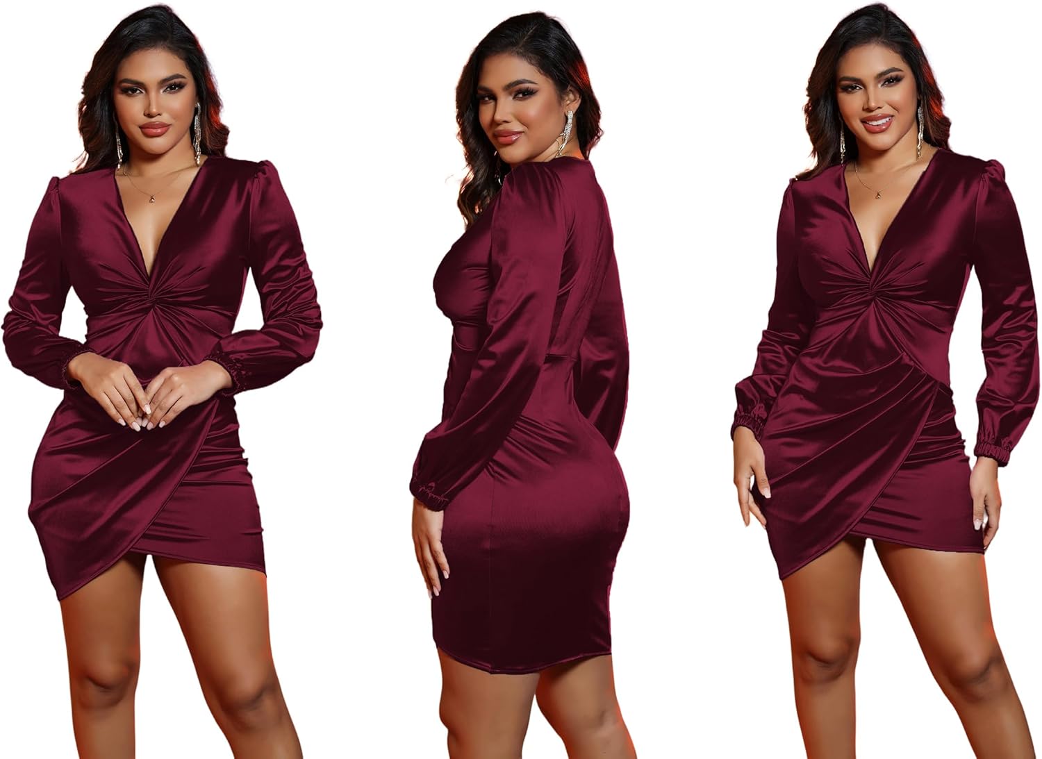 FairyLove Women's Elegant Empire Waist Long Sleeve Wedding Guest Party Cocktail Bodycon Irregular Satin Dresses - Image 4