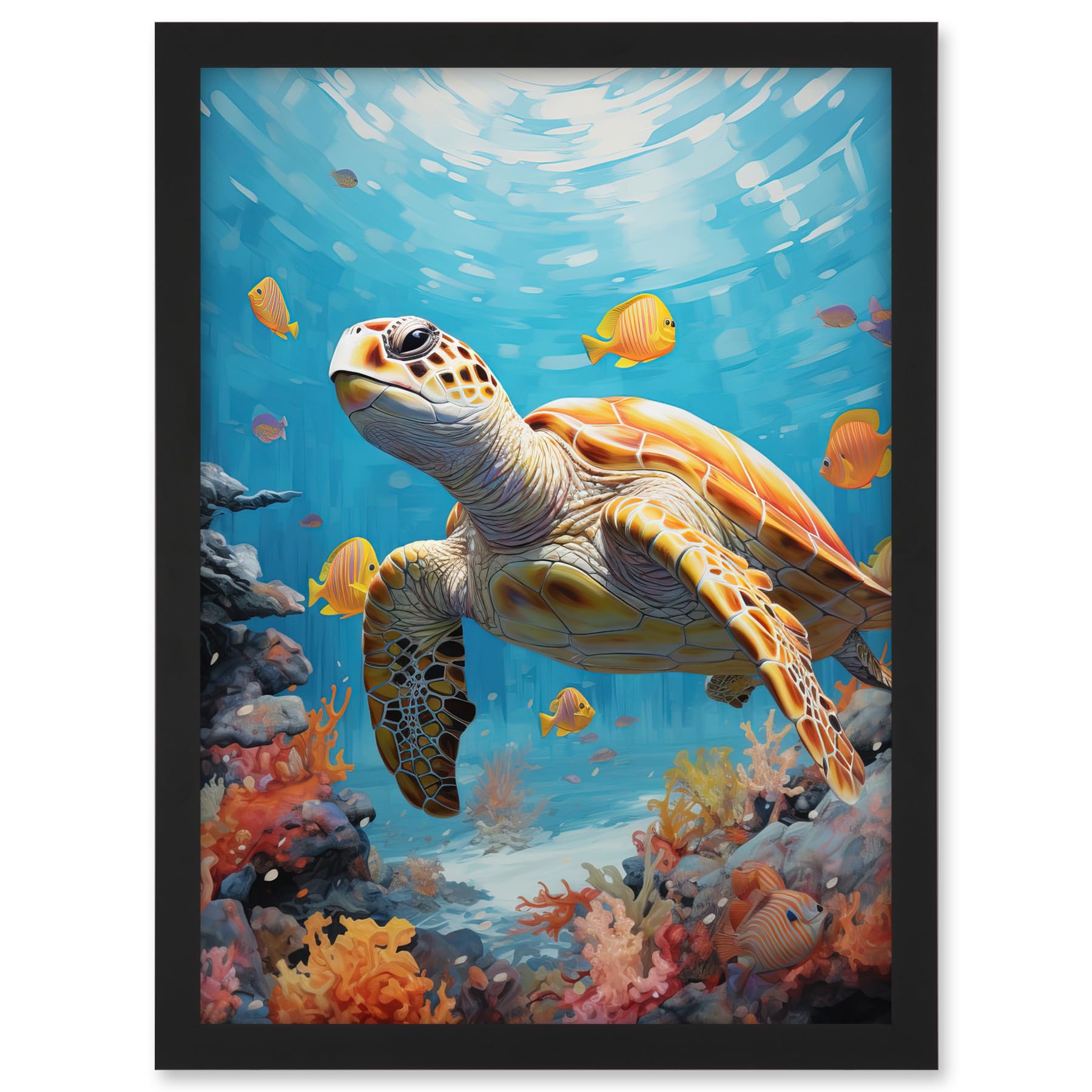 Artery8 Loggerhead Sea Turtle in Coral Reef Bright Detailed Artwork Caretta Swimming with Yellow Striped Fish Artwork Framed A3 Wall Art Print