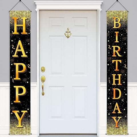 Happy Birthday Banner, Black Gold Birthday Porch Sign - 71x12 Inch Birthday Party D...