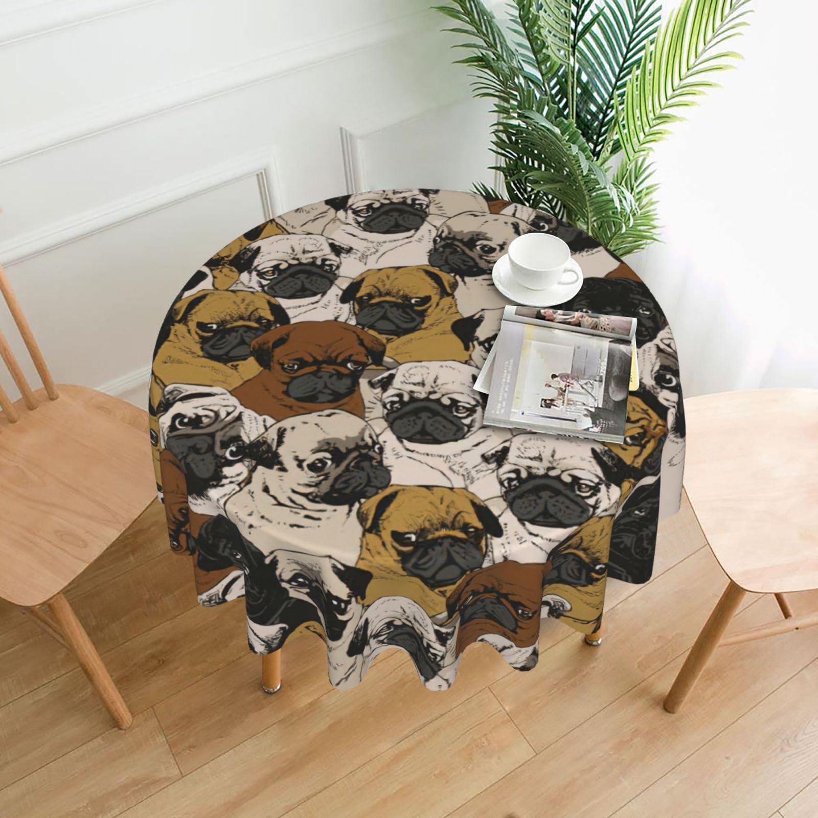 Zcmkjlg Imagen De Pug Print Quick Ship Round Tablecloth 60in Polyester Washable Cover for Dining Room