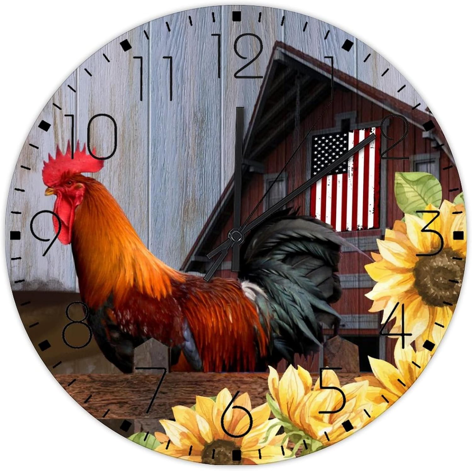 15" Wooden Wall Clock Rooster Barnyard Sunflower Barn Fireplace Decor for Kids Room Farmhouse Animal Painting Wall Clocks Analog Non-Ticking Round Wooden Wall Clock Rustic for Art Room Fitness Room
