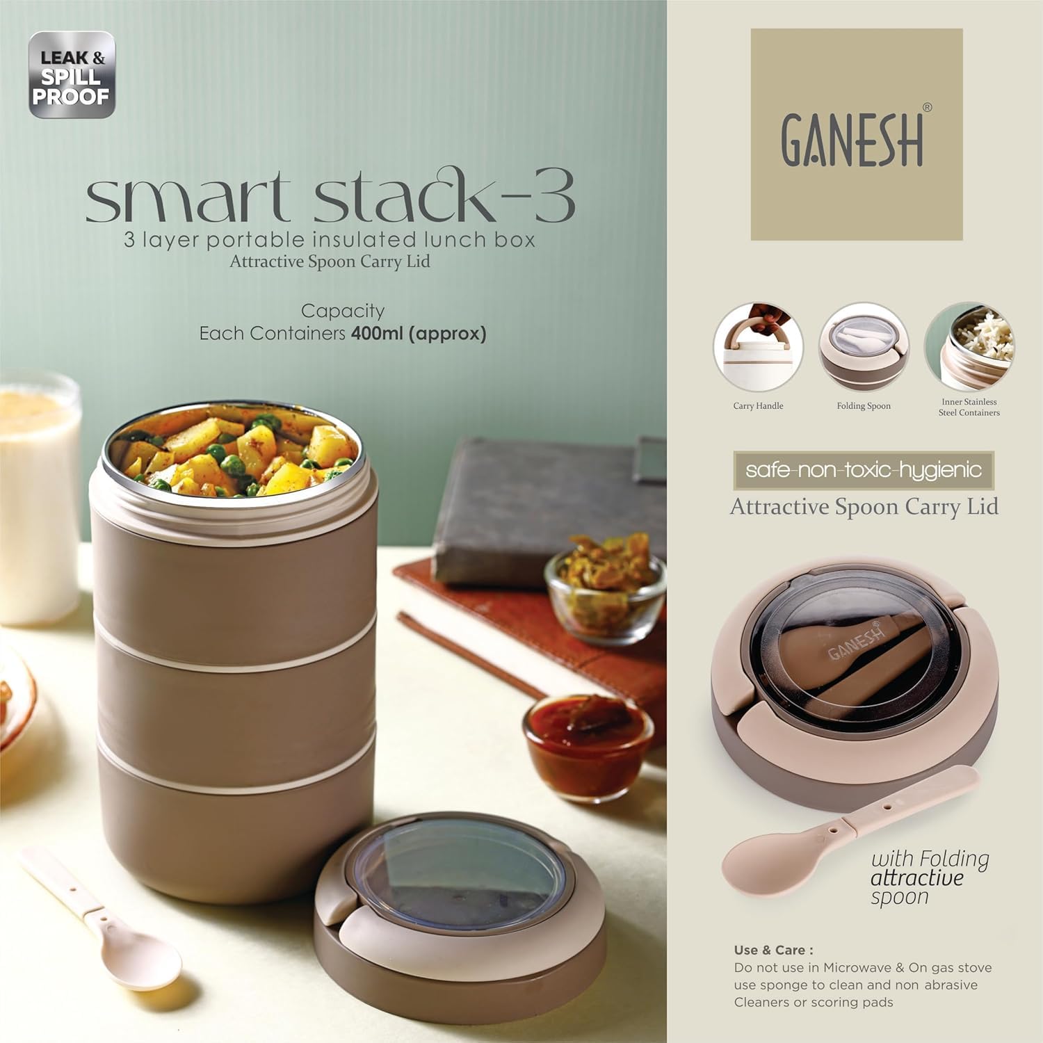 Ganesh Smart Stack 3 Layer Protable Lunch Box Stainless Steel Airtight Leak-Proof Lunch Box for Office, School, Picnic -Brown, 1200 Milliliters — Amazon image 6