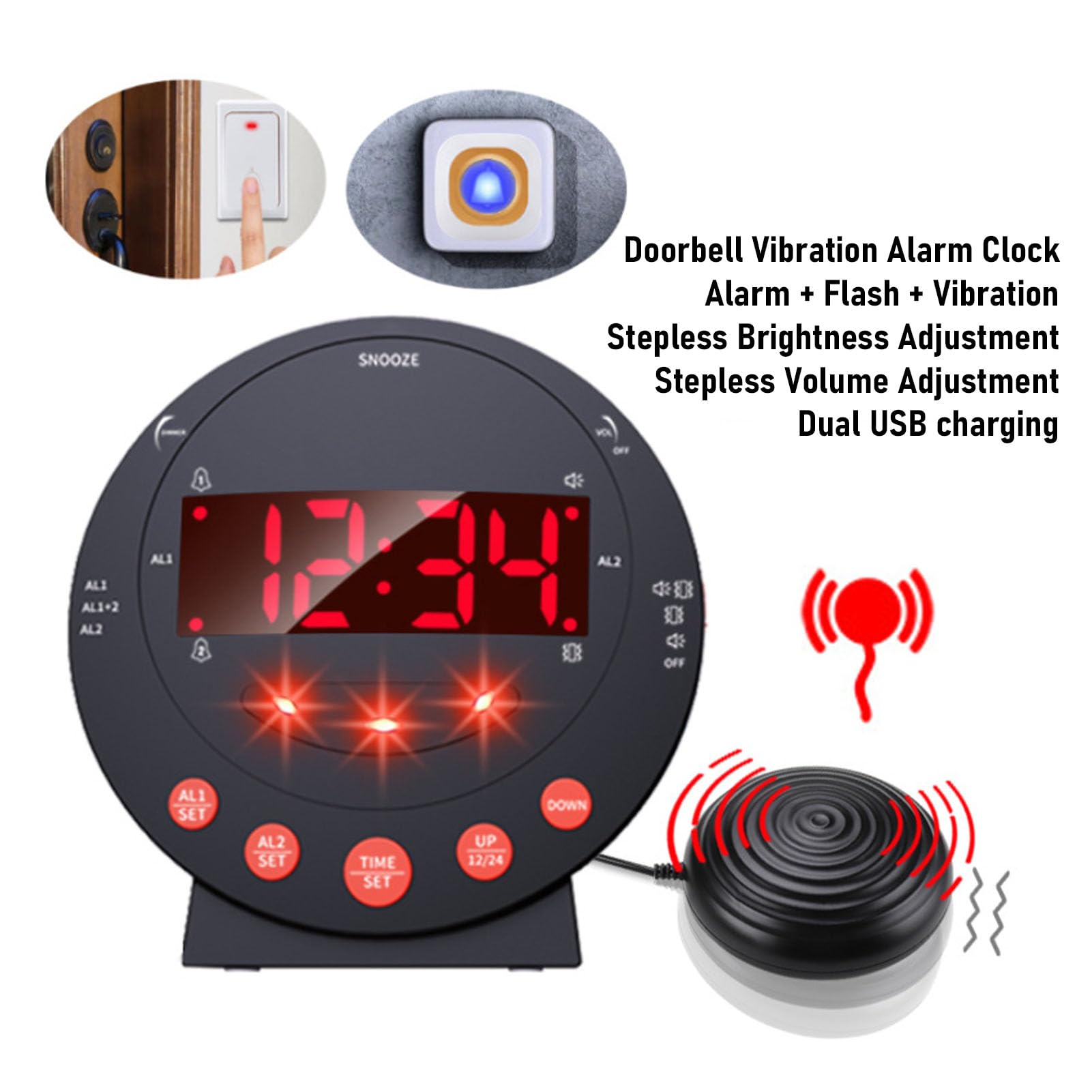 Reloj Despertador Ruidoso con Agitador de Cama y Pantalla LED de