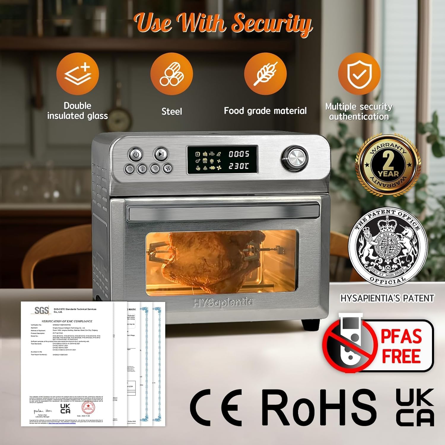 HYSapientia® 24L Air Fryer Oven With Rotisserie Large XXL Digital Knob 1800W 10 in 1 airfryer Countertop Convection Mini Toaster Oven electric and grill, Stainless steel inner, Full Accessory Set