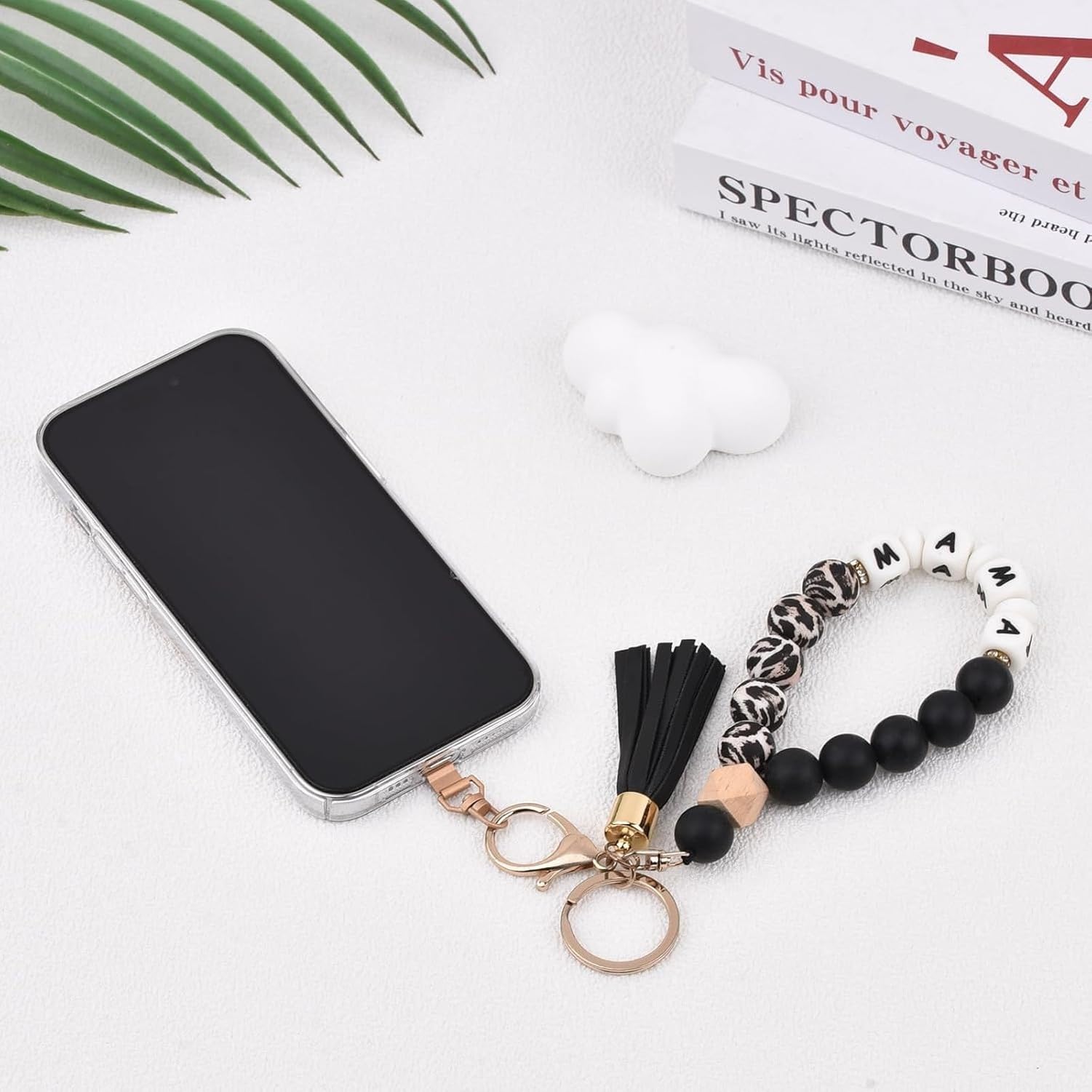 Llavero brazalete silicona cuentas mujer fleco piel esencial, Mama-leopardo