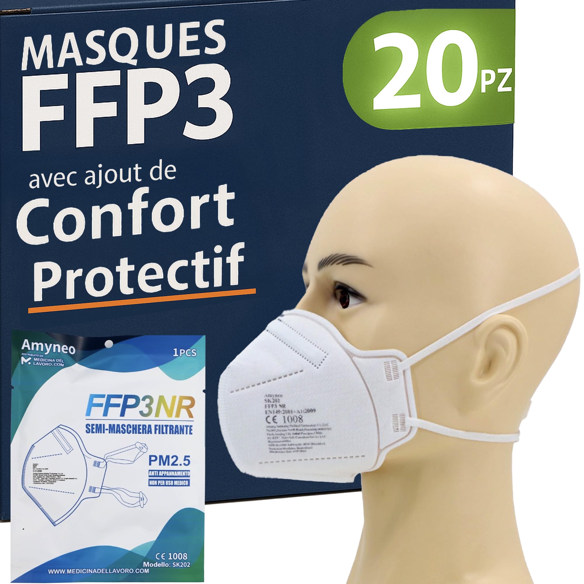 20 Masque FFP3 Certifiés CE, Masque 5 Couches Sans Valve, Masques de Protection Adulte contre les Poussières et les Particules, Masques de Protection Respiratoire Filtrant BFE≥99, 20 Pièces