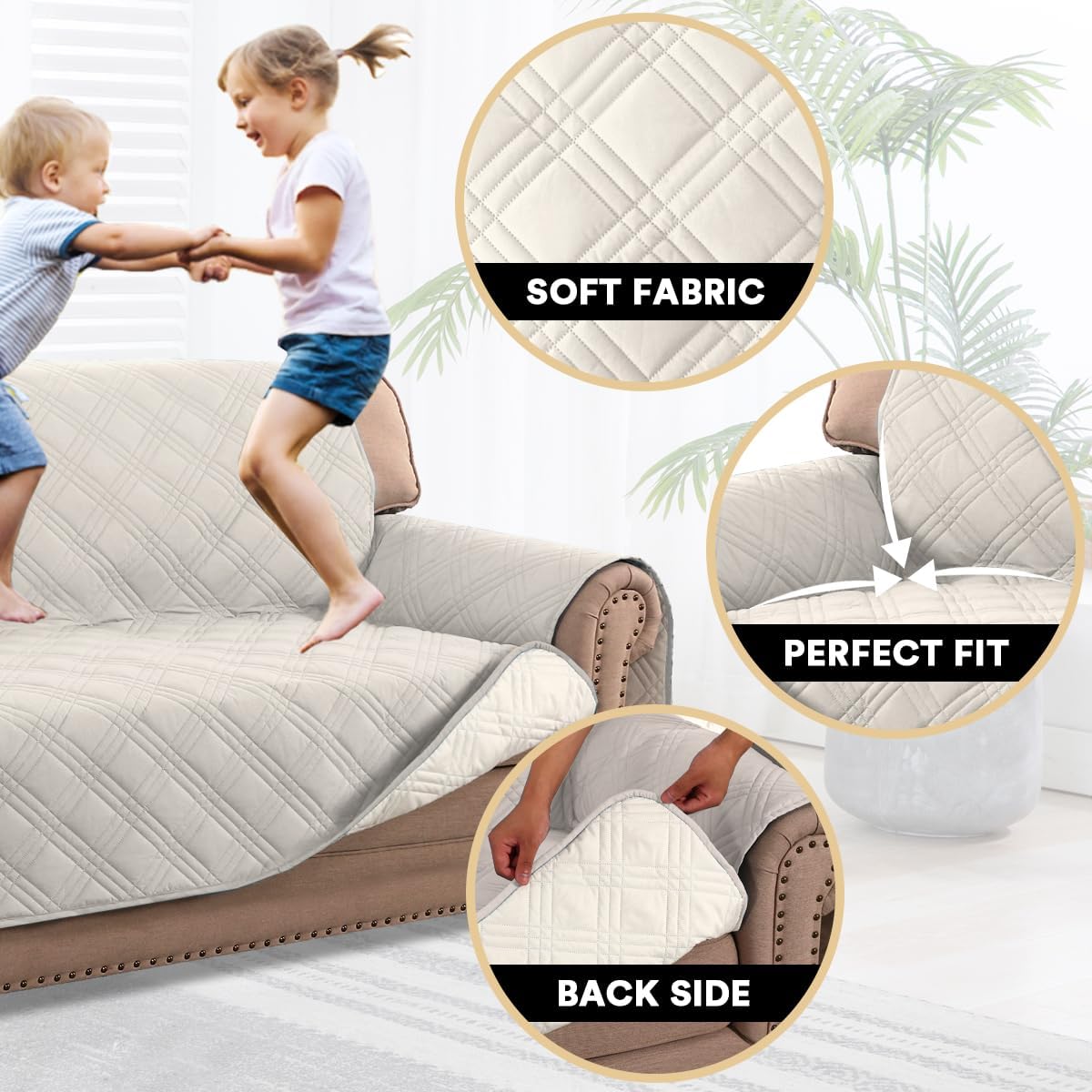 PrinceDeco 100% Waterproof Couch Cover for 3 Cushion Couch Sofa Pet Friendly Non-Slip Couch Cover for Dogs Washable Water Resistant Furniture Protector with Elastic Straps(Sofa 68", French Oak) - Image 3