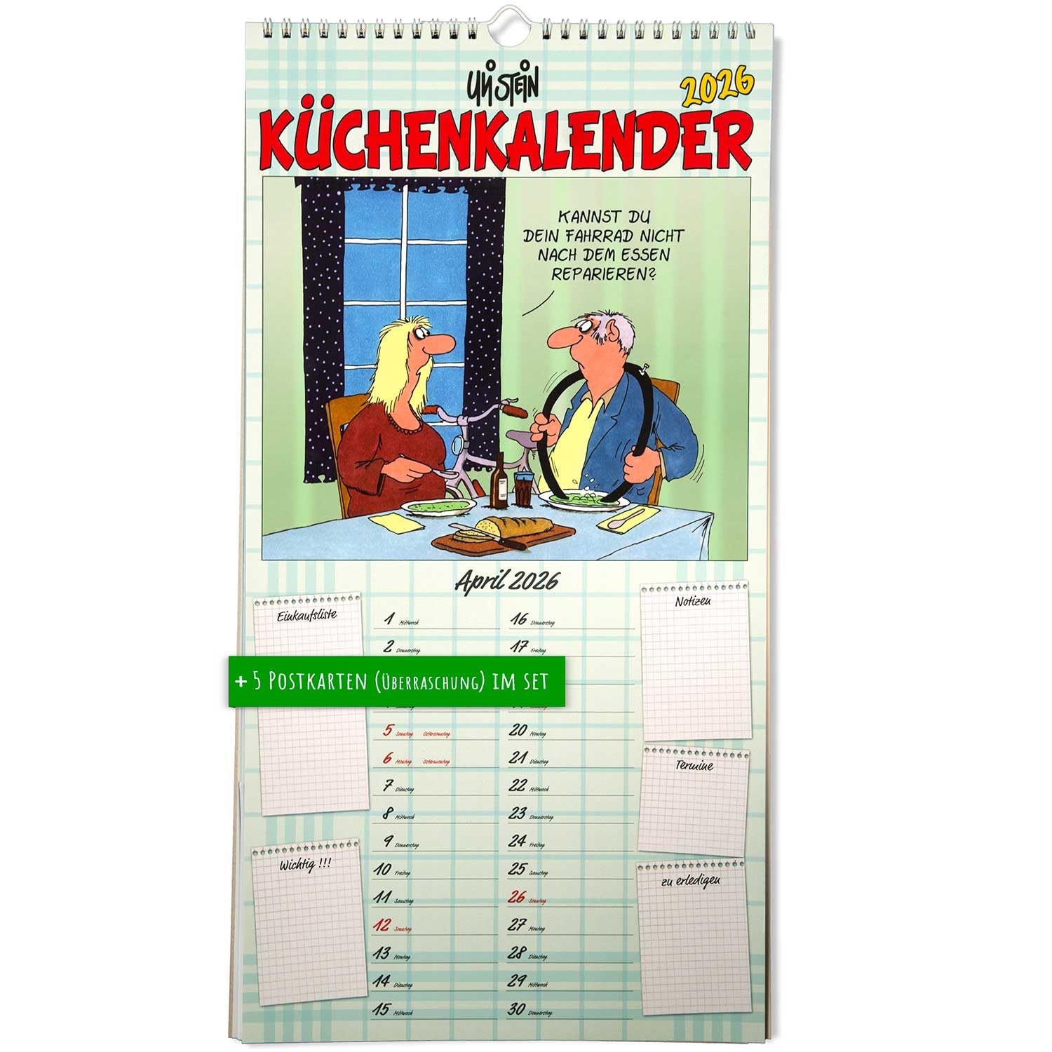 Uli Stein Wandkalender 2026 - Küchenkalender - Jahreskalender mit lustigen Sprüchen +5 Postkarten Geschenk - Cartoon Mot
