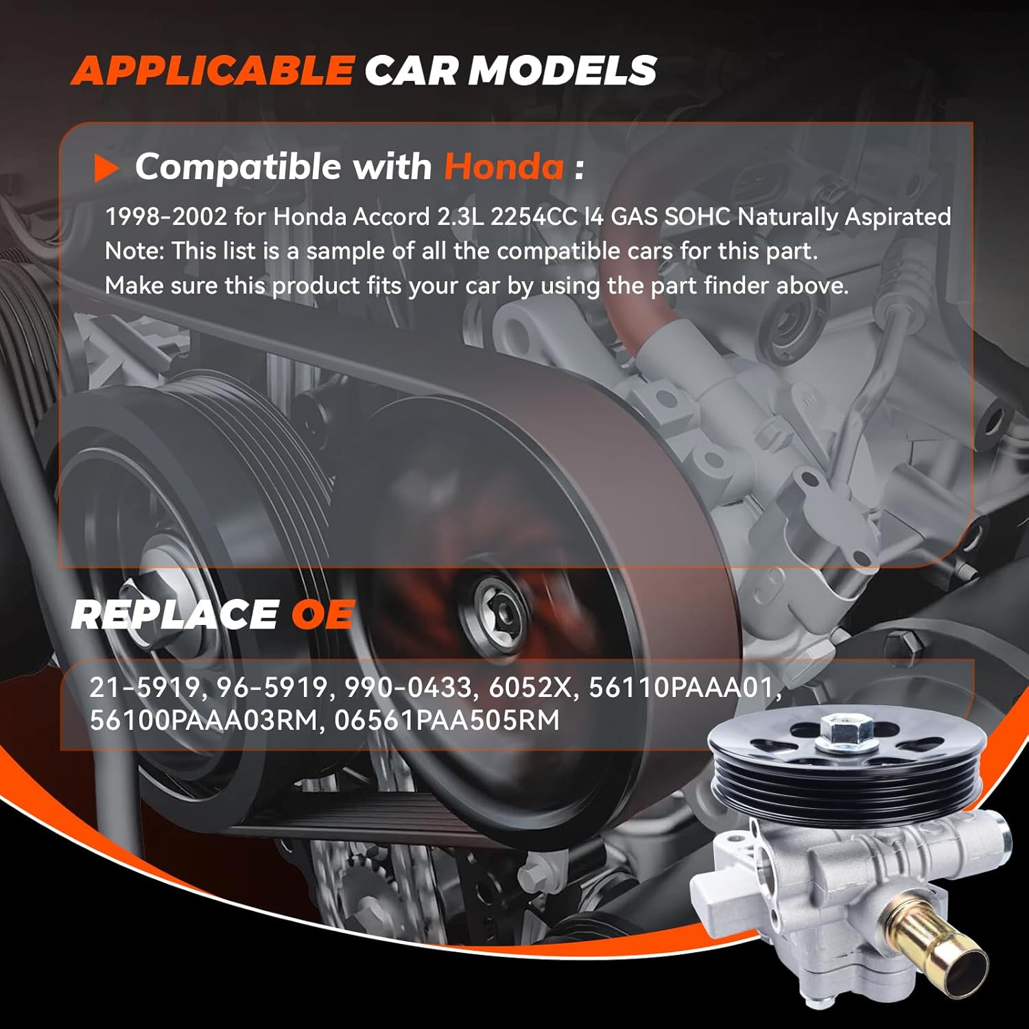 21-5919 Power Steering Pump Assembly with Pulley Compatible with Accord 2.3L L4 1998 1999 2000 2001 2002 Power Assist Pump Replace # N9900433, 553-57053, 56110-PAA-A01