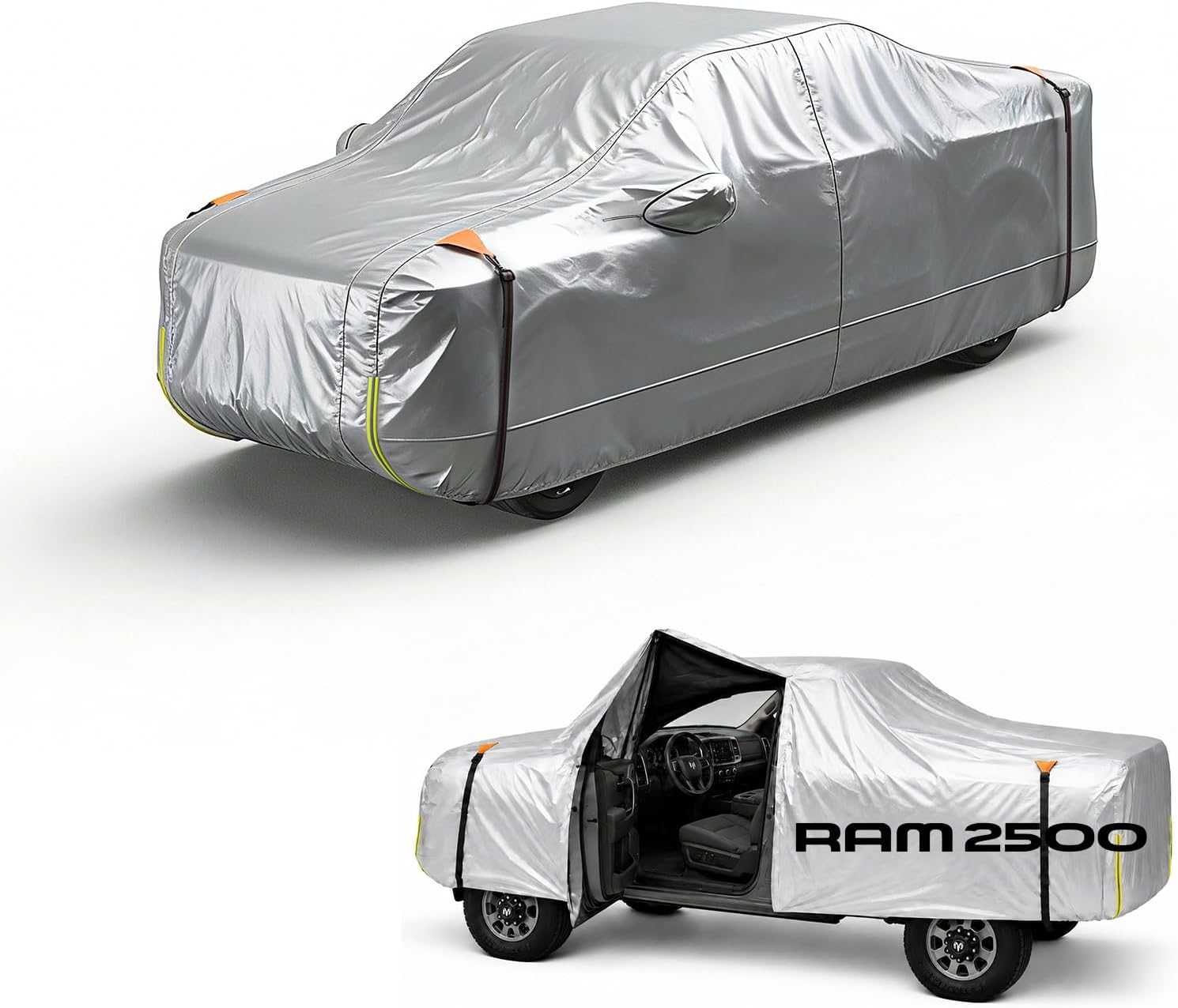 Wigoo Dodge Ram 2500 3500 Truck Car Cover Accessories, Custom Fit Waterproof All Weather Outdoor Pickup Cover, Windproof UV Rain Snow Dust Protection, Door Zipper, Reflective Strips, Breathable Design