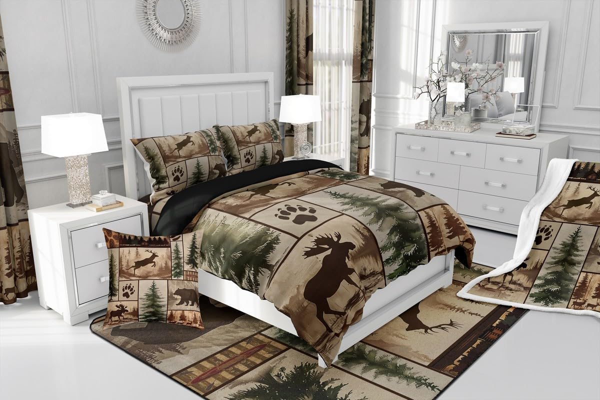 Feelyou Western Rustic Bear Comforter Set Queen Size, Country Farmhouse Duvet Insert, Rustic Cabin Bedding Set,Deer Elk Forest Animal Wildlife Hunting Patchwork Lodge Quilt, 2 Pillow Shams - Image 7