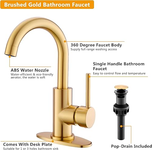 Miniatura 4 de Grifos de Baño Dorados  Grifo de Lavabo de Cascada de Un Solo Agujero con Conjunto de Drenaje, Grifos de Baño de Cascada de Oro Cepillado con Caño