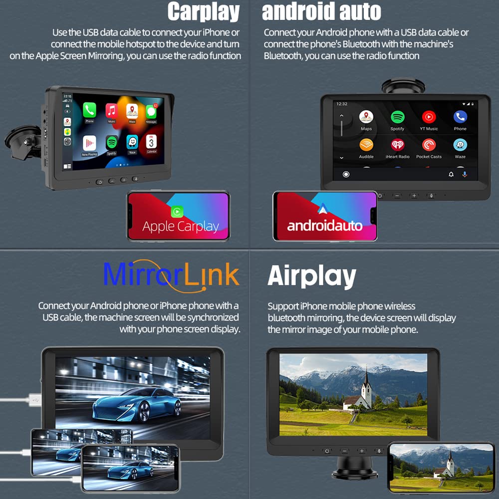 portatile Autoradio compatibile for Apple Carplay wireless Android Auto, 7" IPS Bluetooth Monitor per auto Altoparlante integrato Lettore multimediale con Mirror Link Trasmettitore FM/AUX/USB/TF