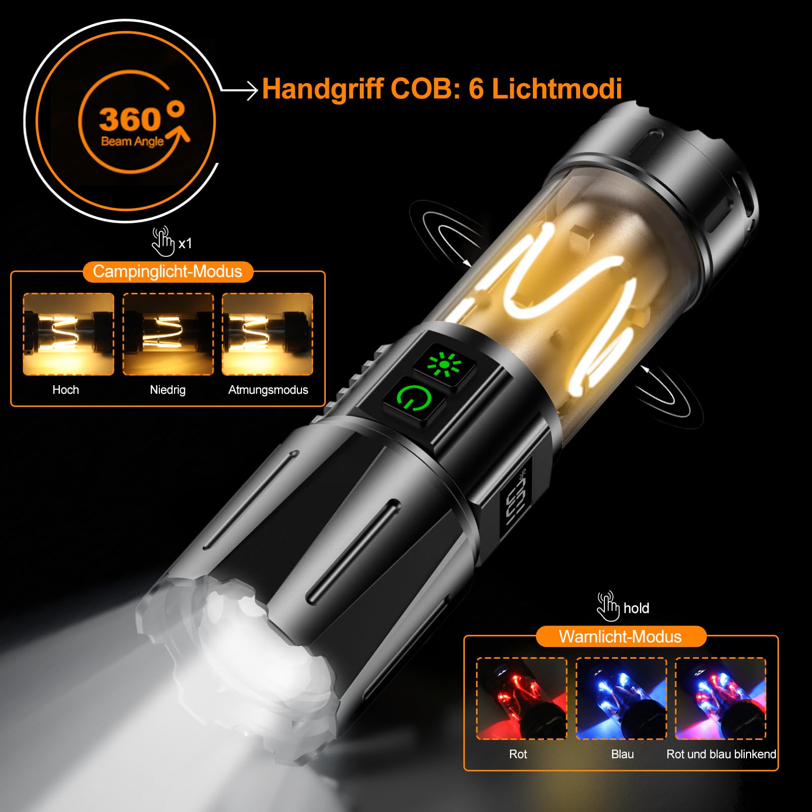 Relybo Torcia Led Potente Professionale, Torcia Ricaricabile 1000000 Lumen, Torcia Tattica Militare, 2 interruttori, Display LCD, per Situazioni Di Emergenza Campeggio Escursionismo Regali