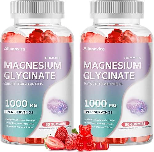 Gomitas de glicinato de magnesio de 1000 mg  Suplemento de magnesio y potasio sin azúcar con vitamina D, B6, CoQ10 para un estado de ánimo tranquilo