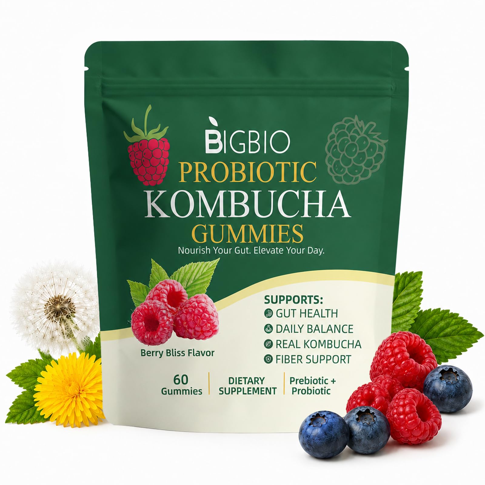 Probiotic Kombucha Gummies, Fiber, Slippery Elm, Dandelion Root, Digestive Balance Support, Men Women, Berry Bliss Flavor, 60 Gummies Kombucha-Gummies 30 servings