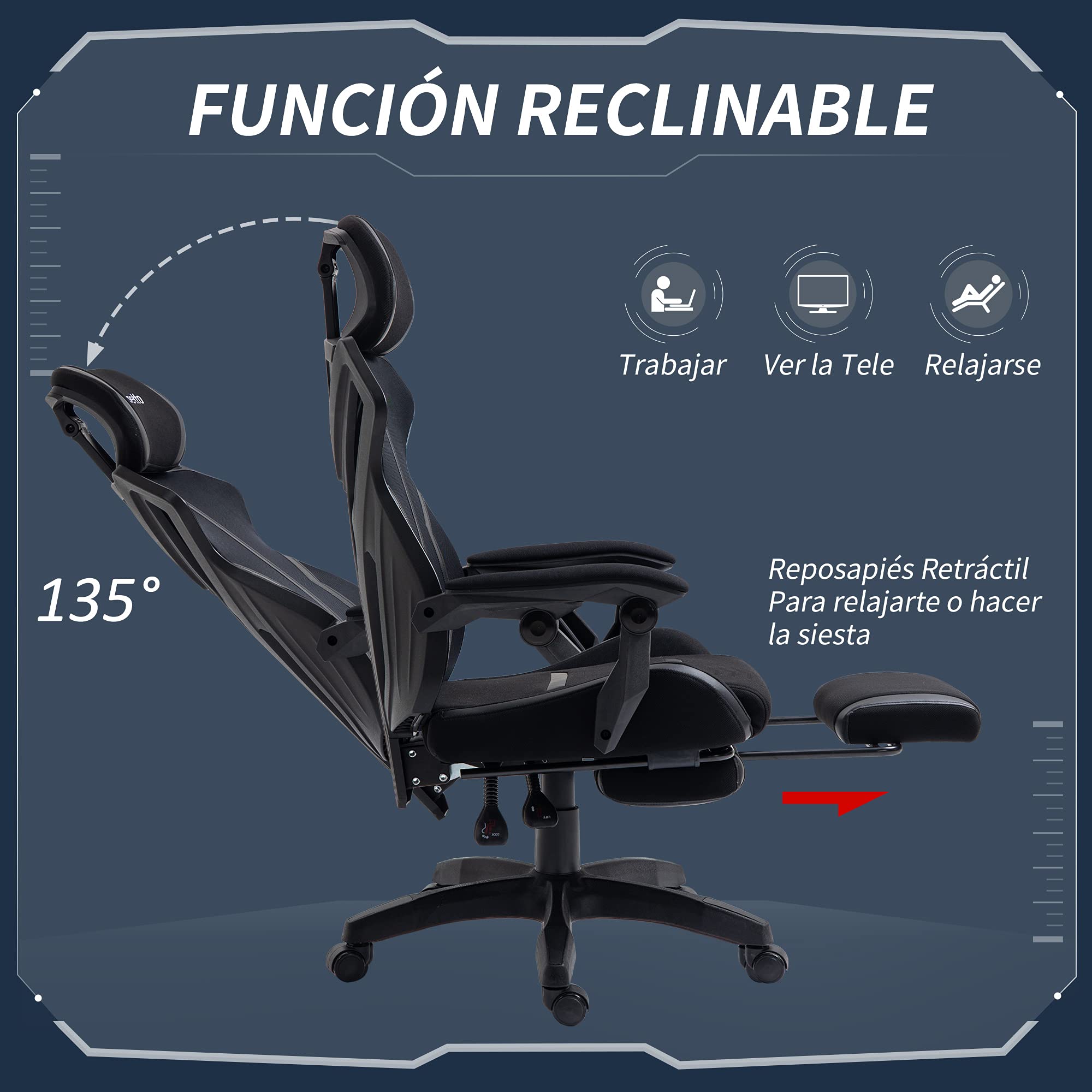 Vinsetto Silla Gaming con Reposapiés Retráctil 65x65x119-129 cm Negro | Silla de Oficina Giratoria Reclinable, con Reposacabezas, Altura Ajustable
