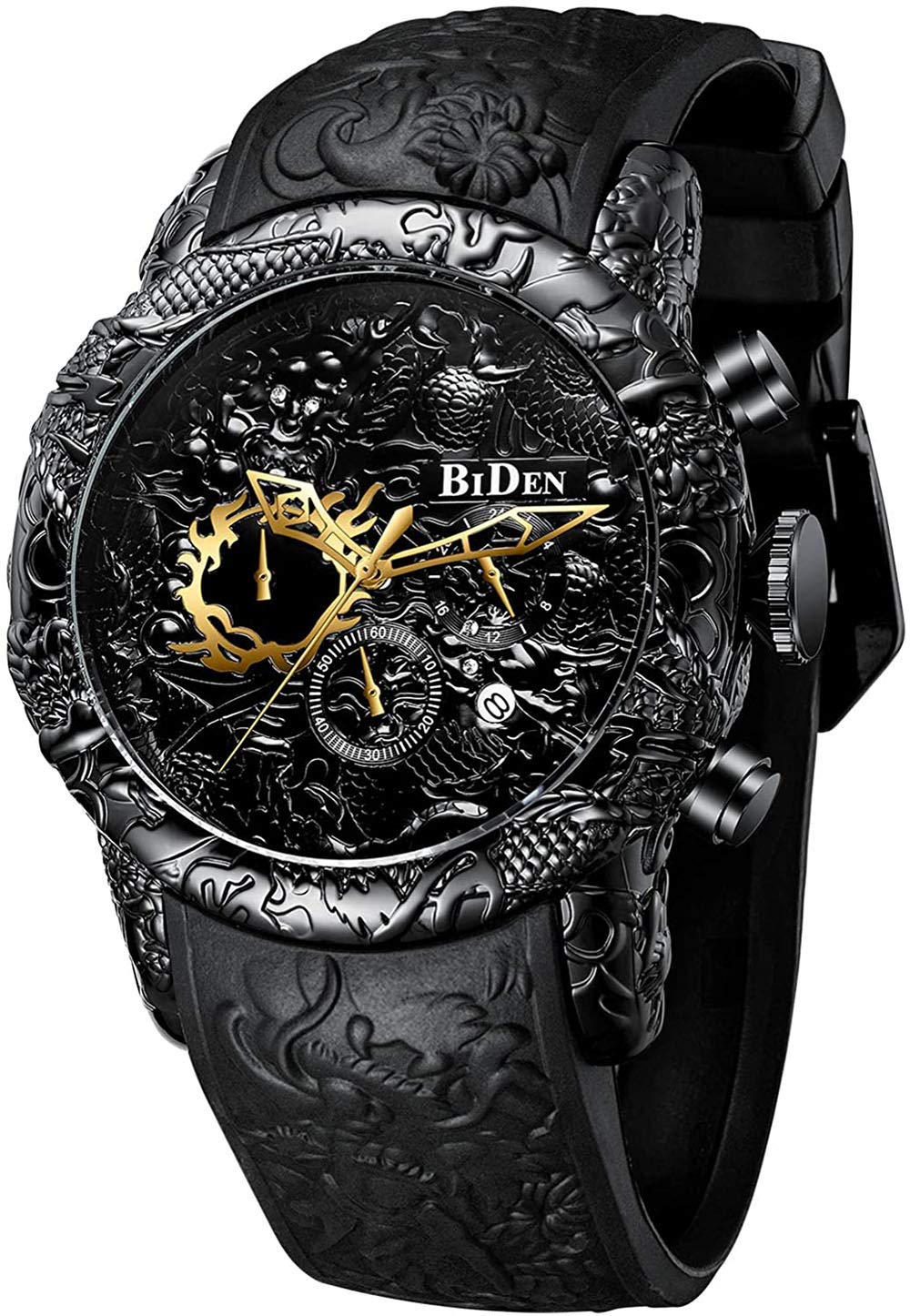MASTOP Men's Fashion Big Dial 3D Sculpture Dragon Watches Men Quartz Watches Luxury Exquisite Creative Watch Full black
