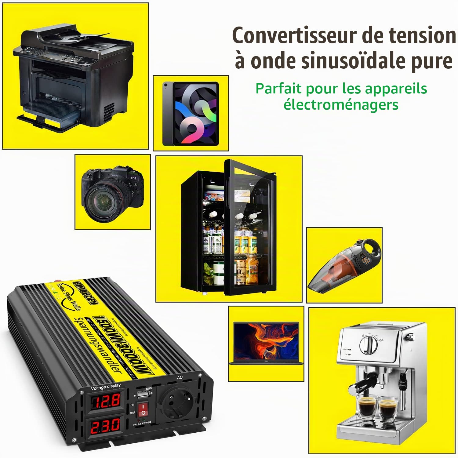 1500W/3000W Convertisseur sinusoïdal Pur 12V vers 230V Convertisseur de Tension sinusoïdale Pure, pour Camping-Car, Camion,avec Ports de Charge USB 5V/2.1A intégrés Convertisseur de Voiture 12 V