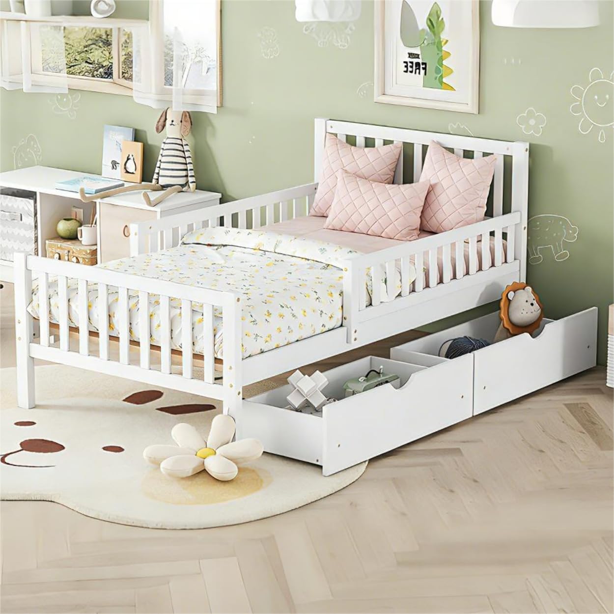 Bellemave Twin Bed Frame with Storage Drawers & Guardrails on 2 Sides, Solid Wood Platform Kids Twin Bed with Drawers & Slats for Bedroom, Space Saving Twin Beds for Kids, No Box Spring Needed, White