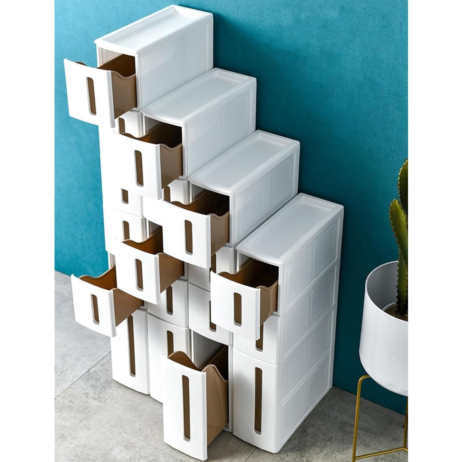 Fodalob Tour de Rangement, Colonne de Cuisine étroite, étagère en Plastique de Rangement for Commode Verticale à 3/4/5 Niveaux avec tiroirs for Petit Espace, Gain de Place(4-Tiers)