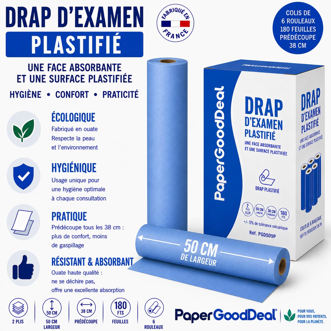 Draps d'examen plastifiés bleus 50 cm – 180 formats – 1 face imperméable / 1 face absorbante – Colis de 6 rouleaux
