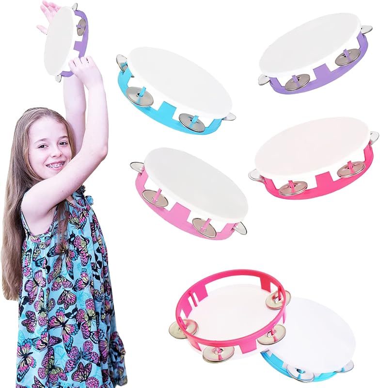 The Dreidel Company Tambourines for Kids Hand Held, 5.5" Inch, Assorted Colors, Ring Metal Jingles Percussion Musical Educational Hand Instrument, Party Kids Games (3-Pack)