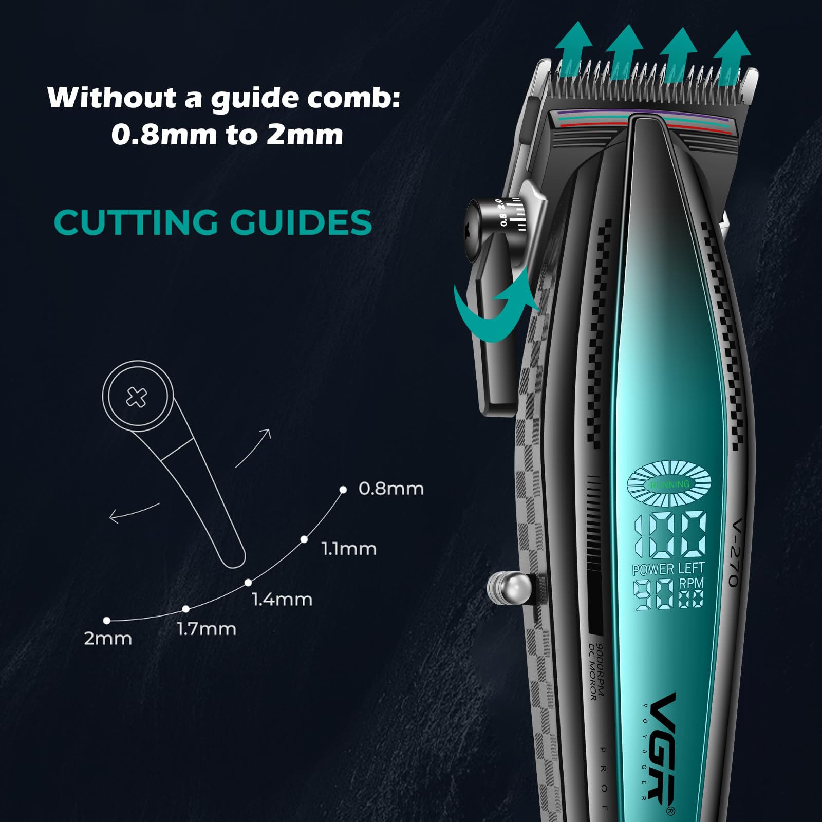 VGR 270 cortapelos para hombres profesionales, de bajo ruido, inalámbrica, de alta velocidad, 9000 RPM, cuchilla de cerámica de decoloración fresca, kit de corte de pelo con 6 peines guía, base de 3