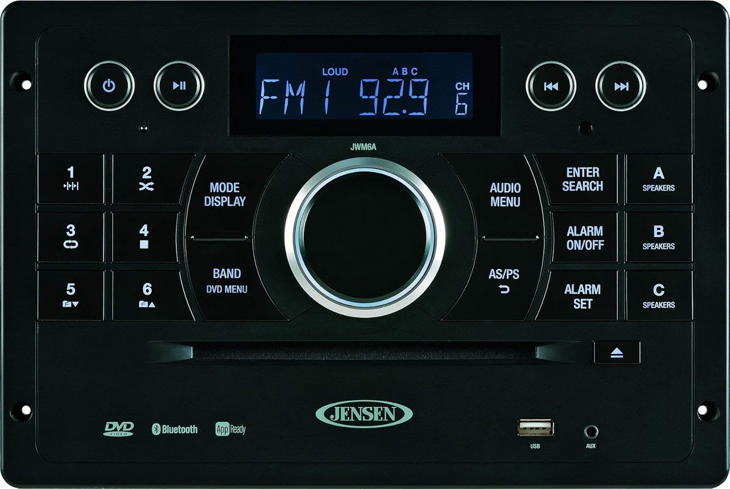 Jensen JWM6A DVD|USB|AUX|HDMI| Wallmount Stereo with App Control (jControl), Bluetooth A2DP/AVRCP Streaming Audio, Compatible with iPod/iPhone Control & Charging, DVD/CD-R/RW/MP3, 12V DC (Renewed)