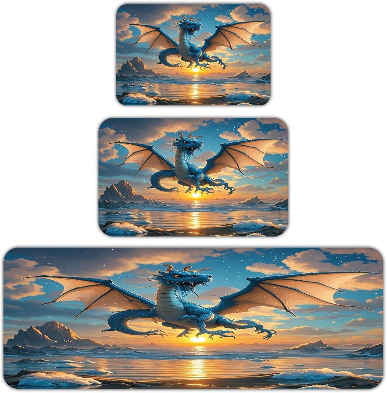 Sea Sunset Flying Dragon Kitchen Mats for Floor 3PCS Waterproof Low-Profile Kitchen Rugs Floor Mat Non Slip Anti Fatigue Mats Comfort Standing Mat Runner Rug Area Rug 6"x24"+20"x31"+17"x47"