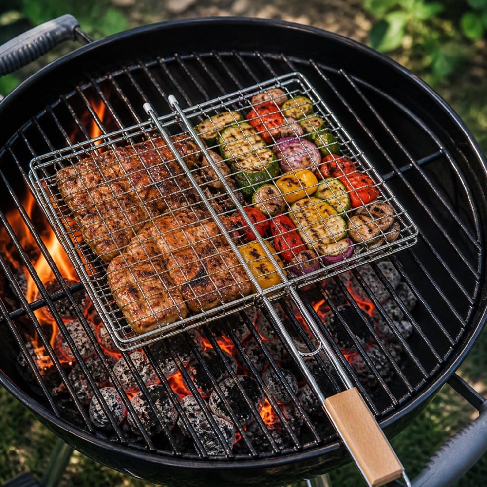 Double Grille Barbecue Carrée en Acier Chromé, 25x25 cm, Lot de 2, Manche Ergonomique, pour Viandes, Poissons et Légumes