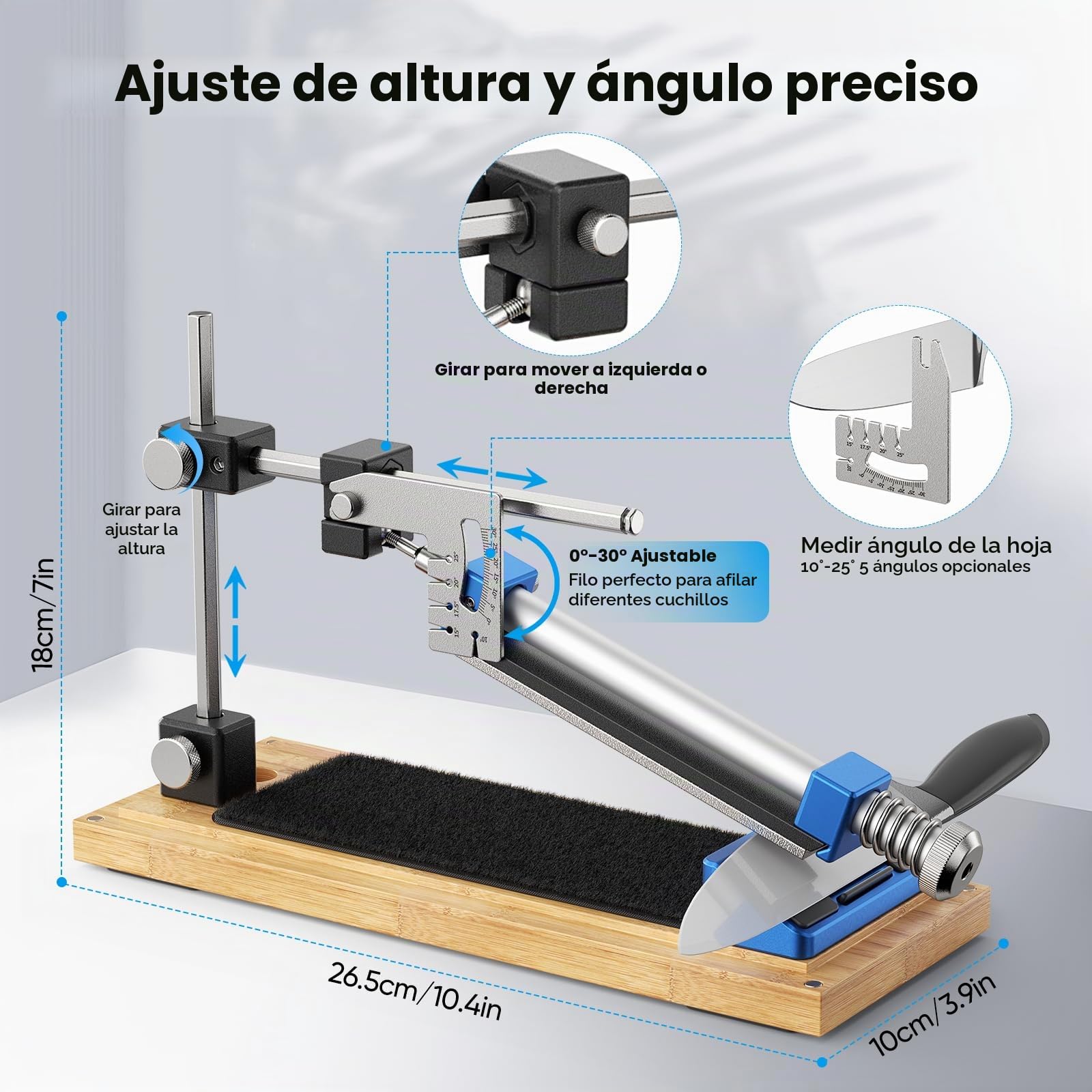 Set profesional afilador cuchillos con caja madera, Diseño sujeción rápida para fijación segura, Ángulo ajustable 0–30° para distintas hojas, Ideal para afilado fino y pulido en cocina