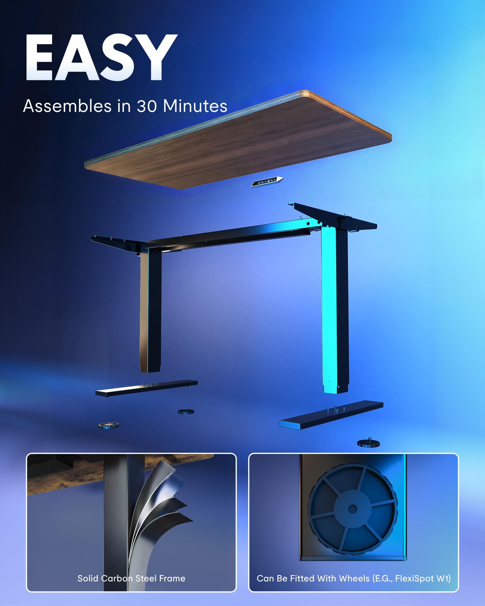 FLEXISPOT EN1 One-Piece Standing Desk, Electric Adjustable with 4 Memory Presets, 176 LBS Capacity, Stable & Quiet, Seamless Desktop for Home Office & Dual Monitors, 48"x24" Black Walnut view 9