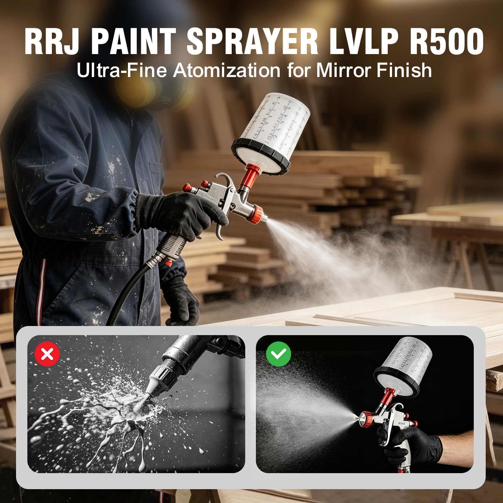 LVLP - Kit de pistola de pintura automotriz R500, boquillas de 1.3/1.5/1.7 mm LVLP con taza de plástico y vasos desechables y juego de regulador de aire, para pintura de casa, coche, muebles, valla