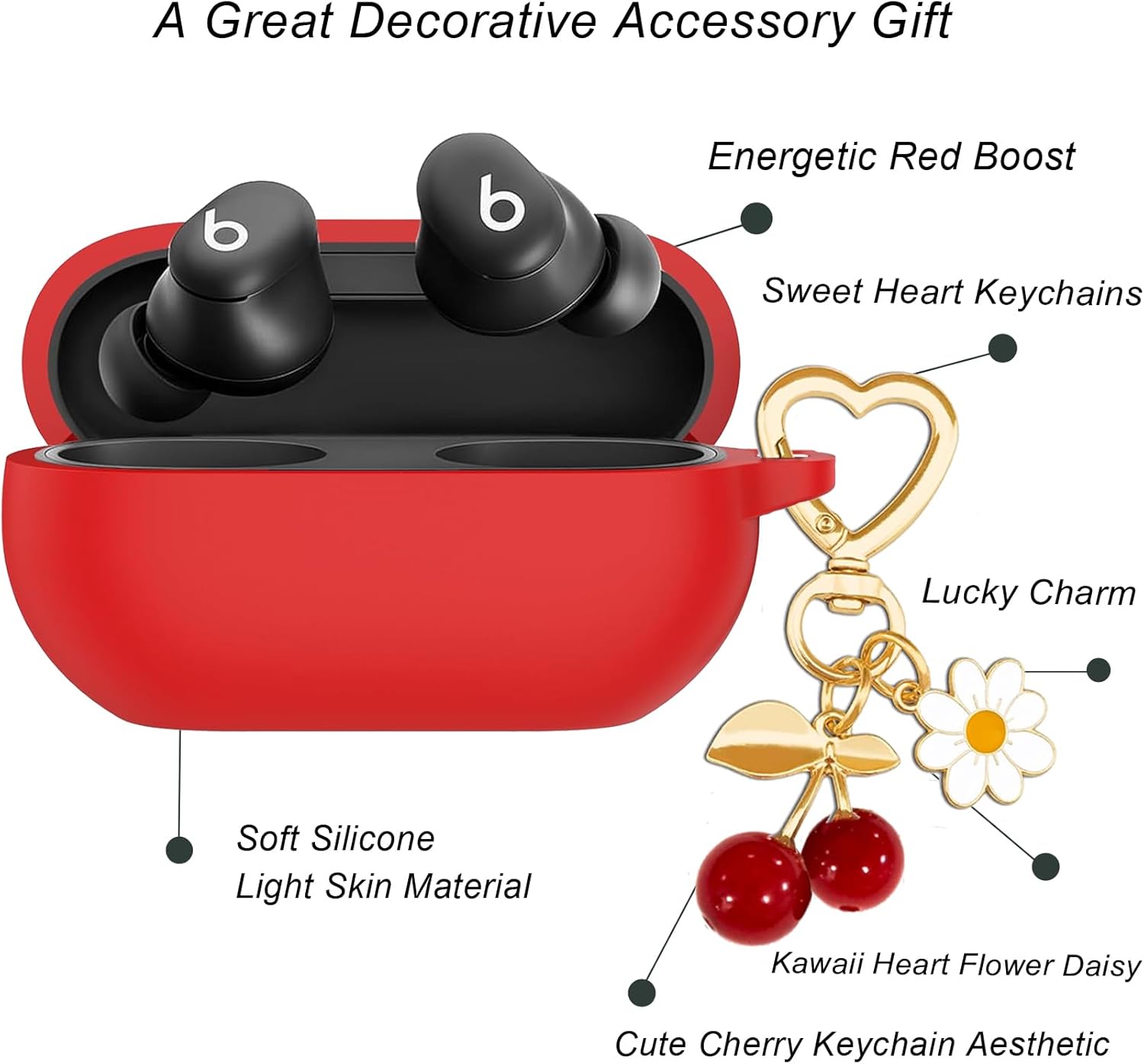 Protective Case for Beats Solo Buds Case Cover with Cute Cherry Charm Heart Keychain, Soft Silicone Daisy Key Chains Accessories for New Beats Solo Charging Case Earbuds for Women Men Red - Image 4