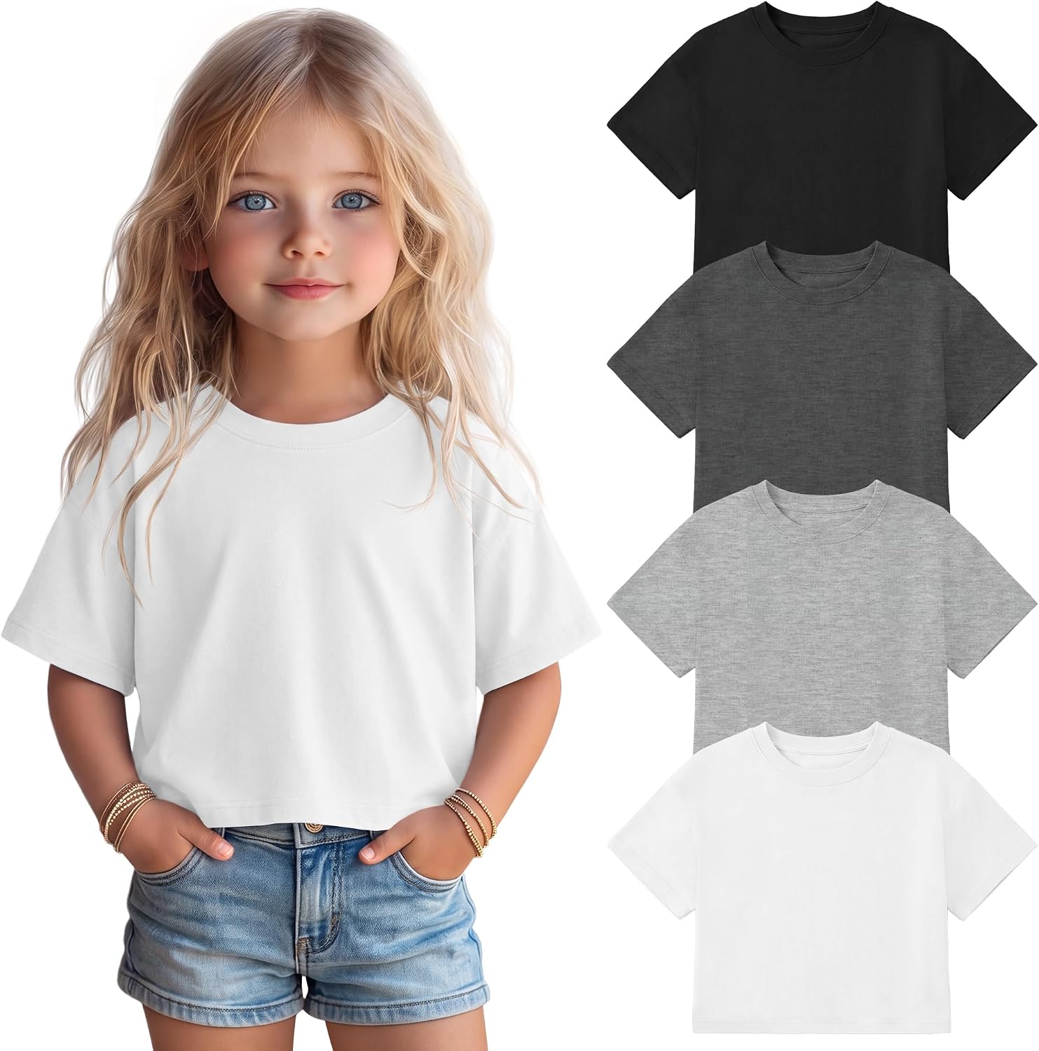4 Pack Toddler Girls Shirts Crop Tops Baby Girls Crew Neck Cropped T Shirts Short Sleeve Basic Tees Size 18m-5t