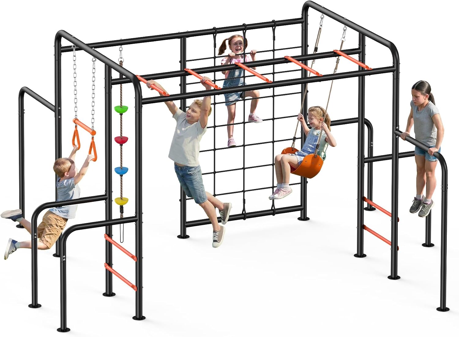 Hapfan Outdoor Jungle Gym with Monkey Bars Frame, 5-in-1 550lbs Heavy-Duty Metal Swing Sets for Backyard with Climbing Net & Rope, Trapeze Swing Bar, Belt Swing, Gymnastics Bars, Kids Playground Set