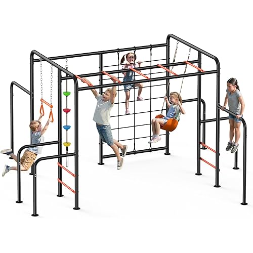 Hapfan Outdoor Jungle Gym with Monkey Bars Frame, 5-in-1 550lbs Heavy-Duty Metal Swing Sets for Backyard with Climbing Net & Rope, Trapeze Swing Bar, Belt Swing, Gymnastics Bars, Kids Playground Set