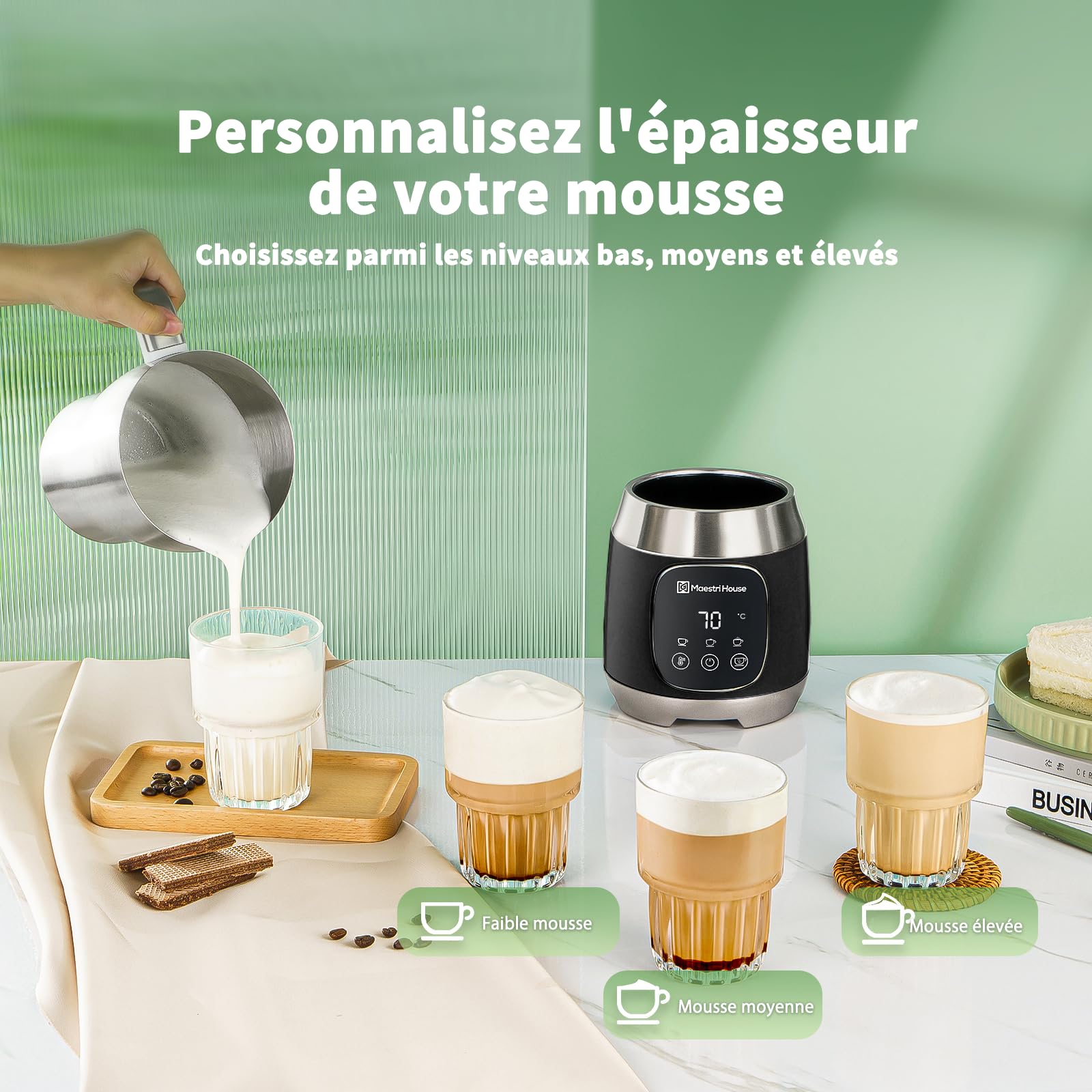 Mousseur à lait Maestri House, 12 en 1 600 ml Mousseur à lait électrique avec température et force de mousse variables, commande Smart Touch, pour Latte Cappuccino, Chocolat chaud, Lait chaud