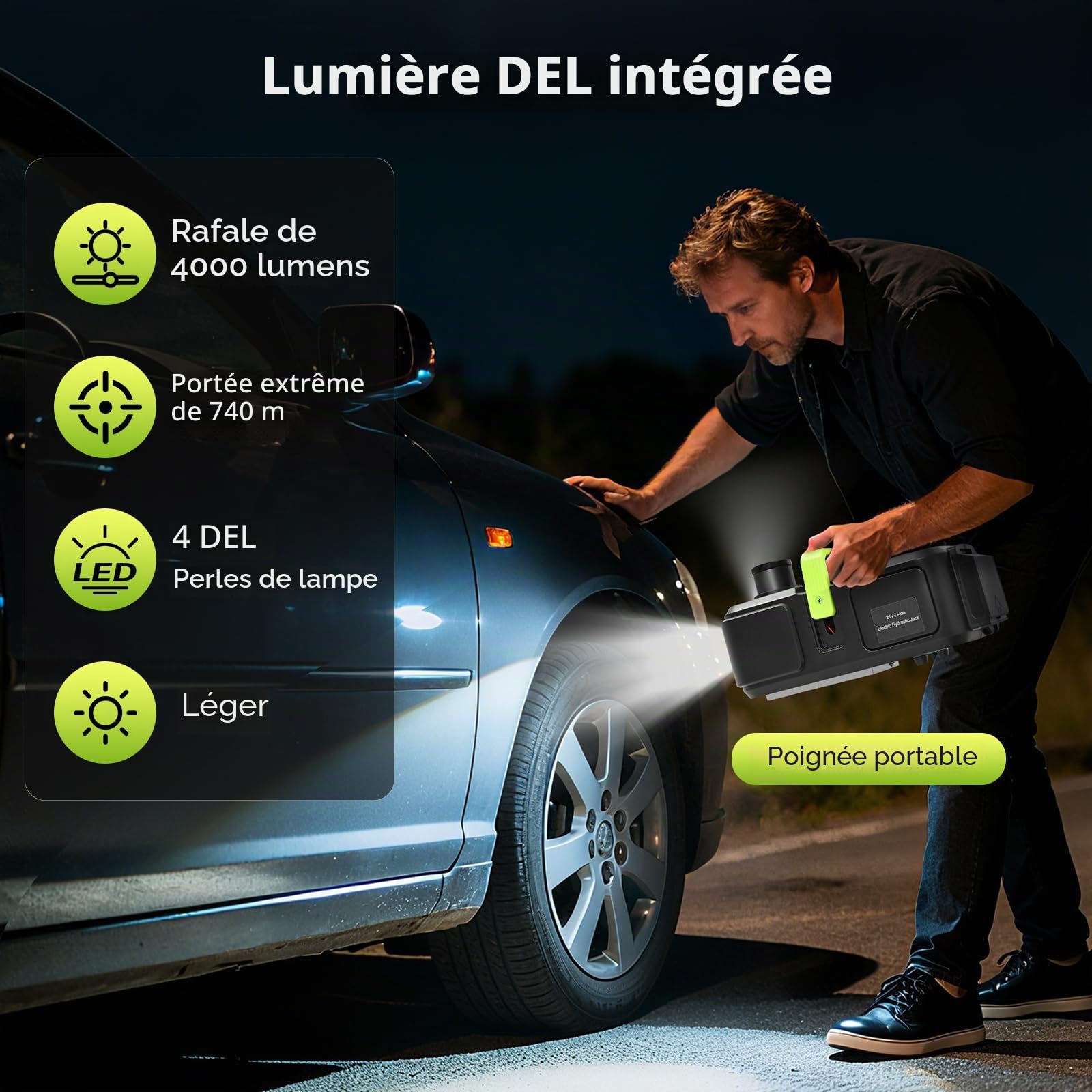 Cric hydraulique électrique 5T, Cric électrique avec Batterie 4,0Ah, Capacité de Levage 15-53cm, avec Chargeur, Pompe à air Gonflable et Lampe LED pour Voiture, SUV, berline, MPV