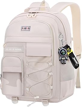 Eslcorri Medium Backpack for Women - Cute Lightweight Travel Daypack Purse with Charms, Personal Bag for One Day Trip, Work, Everyday Use, Multi-Compartments, Lovely Gift for Women & Lady -Solid Beige