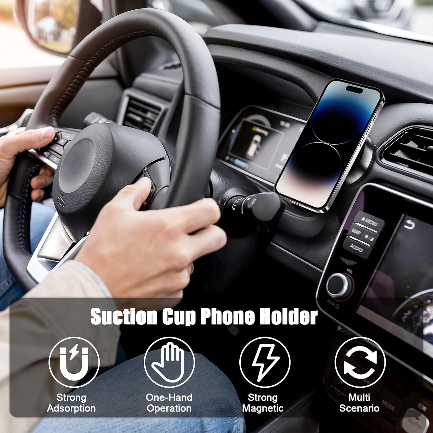 Magnetic Phone Holder for Car, Strong Vacuum Suction Cup, 360° Rotation, Universal Phone Mount for Windshield/Dashboard/Glass/Mirror, Hands-Free Car Accessories, Compatible with iPhone Android Silver