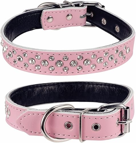 Miniatura 7 de Pimaodog Collar de perro con diamantes de imitación, collar ajustable de cuero genuino con tachuelas de cristal brillante para perros pequeños y